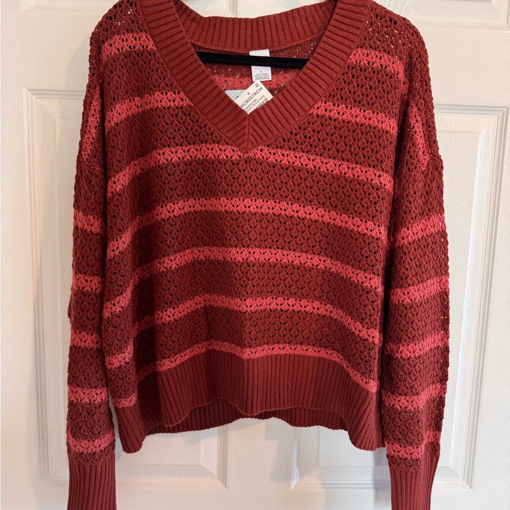 Melrose and Market V-Neck Sweater - Red and Pink Stripes